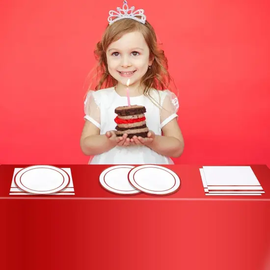 Red Party Supplies,Red Disposable Tableware Includes 24 Plates,24 Napkins and 1 Tablecloth {5}