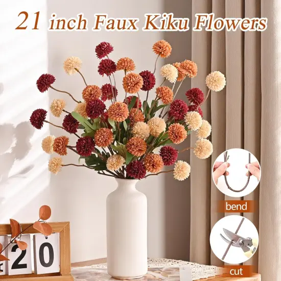 6pcs Fake Fall Flowers Silk Pompon Mums {5}