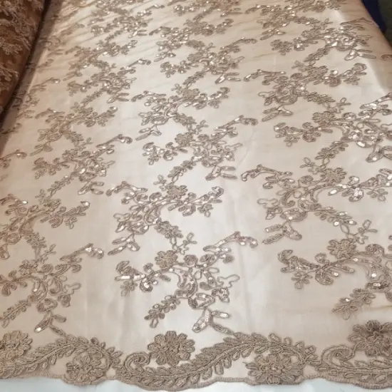 1 Yard Bronze Metallic Flowers Sequins Mesh Lace Fabric for Tablecloths and Costumes {4}