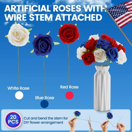 American Flag Artificial Flowers Box, Patriotic Decorations, Red White & Blue Fake Roses {4}