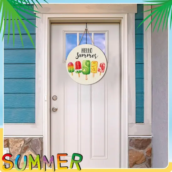 Hello Summer Door Decor Ice Cream Wreath Front Door Hanger Ice Lolly Farmhouse Summer Wooden Hanging Welcome Beach Wall Wreath Sign for Home Seasonal Holiday Porch Office Garden Office {2}