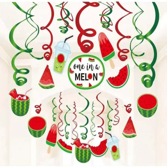 30Ct One In A Melon Watermelon Hanging Swirl Party Decorations - Summer Fruits Birthday Party Supplies Fan Decors {1}