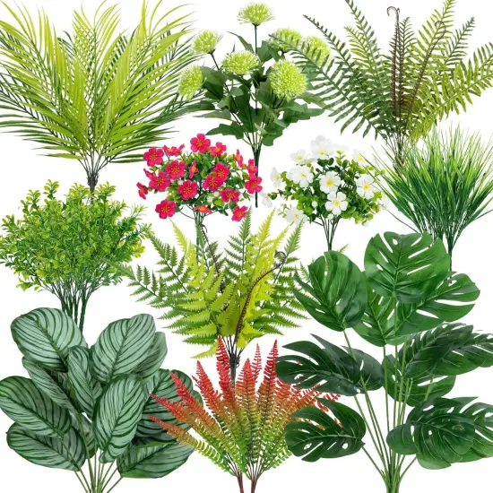 20 Pcs Artificial Plants Outdoor Fake UV Resistant Artificial Flowers Greenery Stems Boston Fern Faux Shrubs Plastic Plants for Garden Porch Planter Window Box Home Decor {1}