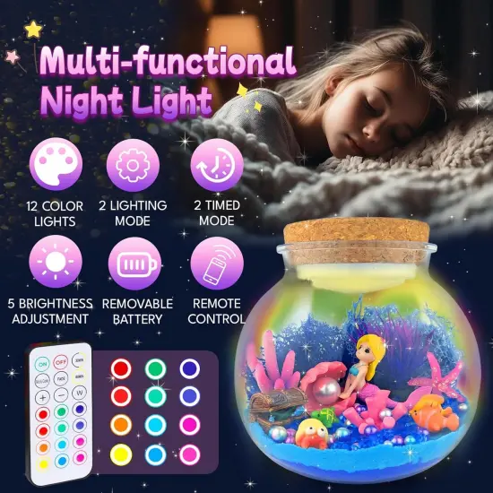 Mermaid Terrarium Craft Kit for Kids - LED Night Light Up & Remote Mermaid Birthday Gifts Toys for Girls Age 5 6 7 8 9 10 11 12 Year Old {3}