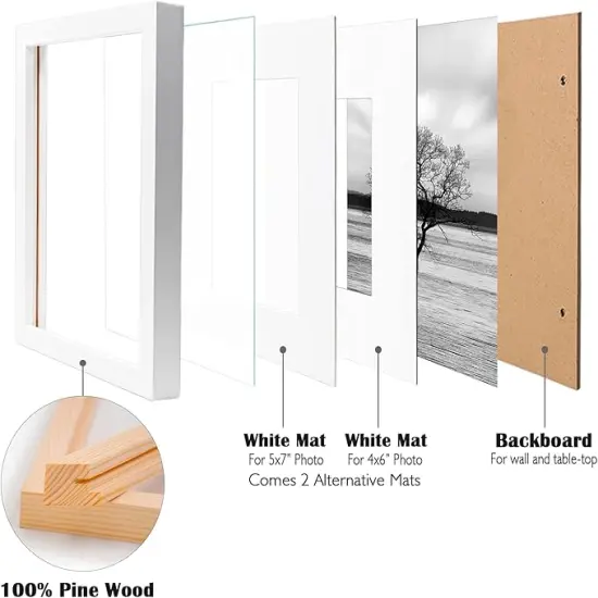 8x10 Picture Frames Set of 4, Made of Solid Wood Covered by Plexiglass 4x6 and 5x7 with Mat or 8x10' without Mat, for Table Top Display and Wall Mounting Photo Frame White {3}