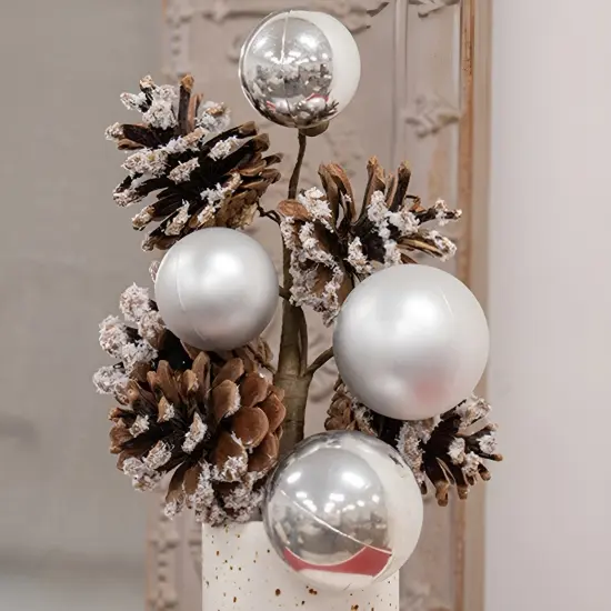 Snow Pine Pick with Silver Baubles and Pinecones for Winter Decor {3}