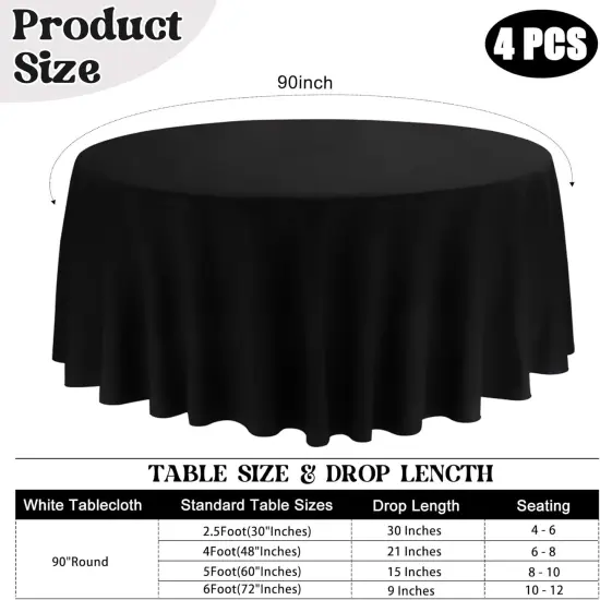 4 Pack 90 Inch Black Round Tablecloths &ndash; Washable Polyester Table Covers for Weddings, Dining, Buffets, Parties, and Banquets {2}