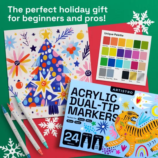 ARTISTRO 24 Acrylic Paint Markers for Fabric, Rocks, Paper, Wood, Canvas, Glass, DIY - Safe for Kids Dual Tip Acrylic Paint Pens (Dual Tip Dot + Brush, 24) {4}