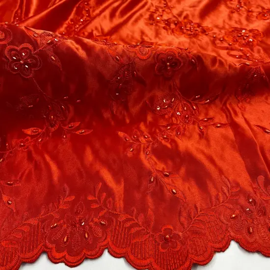 1 Yard Beaded Bridal Lace Fabric Embroidered Floral Satin Gown Couture 54" Width Yam {6}