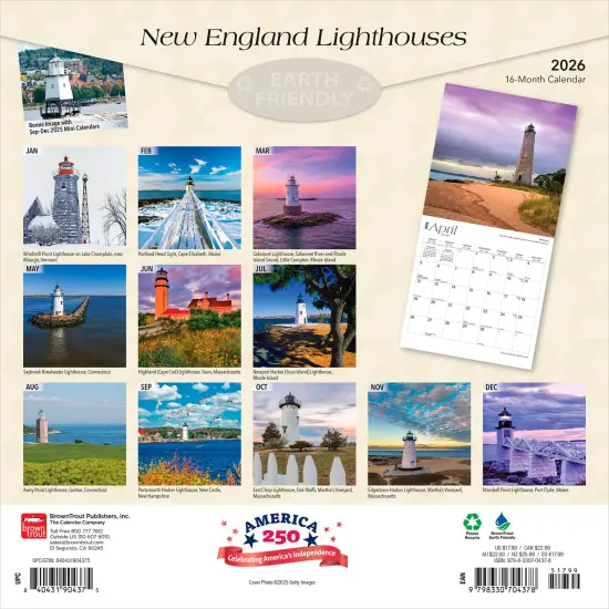 New England Lighthouses | 2026 12 x 24 Inch (Hanging) Monthly Square Wall Calendar | Plastic-Free {2}
