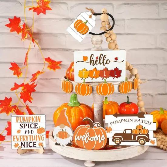 Fall Tiered Tray Decor Set Thanksgiving Pumpkin Maple Leaves {5}