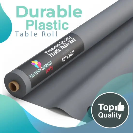 Exquisite Plastic Table Cover Roll &ndash; 40" x 300' Disposable Tablecloth Roll &ndash; Premium Thick 0.5 MIL Plastic Banquet Roll &ndash; Party Table Cover Roll for Events & Catering Silver {6}