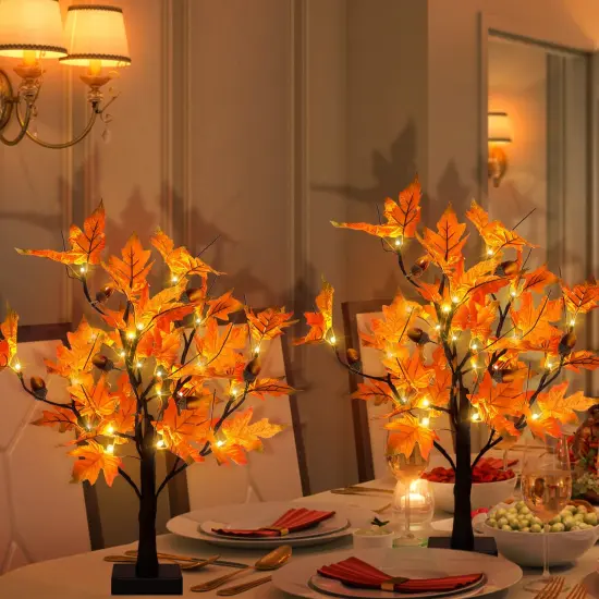 [2 Pack] 24-inch Fall Lighted Maple Tree with Acorns, 48 LED Lights, Battery Operated Thanksgiving Table Centerpieces Decoration Artificial Tree for Home Fireplace Autumn Harvest Tabletop Indoor Decor {5}