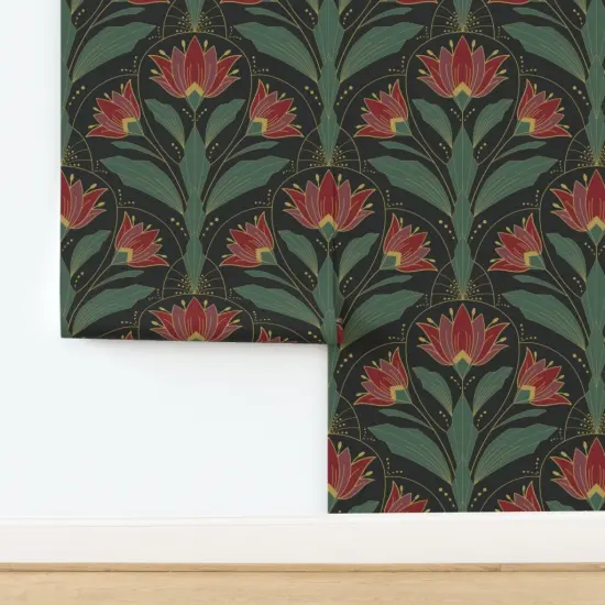 Pre-Pasted Wallpaper 2FT Wide Art Deco Floral Red Green Botanical Bold Retro Flowers Traditional Elegant Custom Pre-pasted Wallpaper by Spoonflower {2}