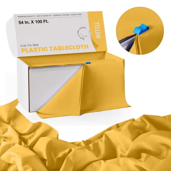 Exquisite Party Solids 54" x 100' Plastic Table Cover Roll with Slide Cutter &ndash; Cut-to-Size Dispenser Box &ndash; Makes Up to 36 Disposable 8' Rectangle Tablecloths Yellow {2}