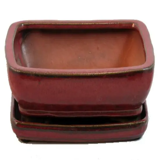 Ceramic Bonsai Pot/Attached Saucer - Parisian Red - 8" x 6.25" x 3" + Felt Feet {1}
