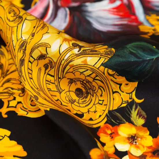1 Yard Mood Designer Silk Charmeuse Italian Black Gold Floral Scroll Chain Print, 55 Inches Wide {2}