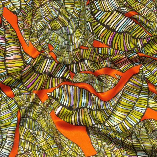 1 Yard Italian Red Silk Charmeuse with Olive and Purple Detailed Leaf Print 52 Inches wide {1}