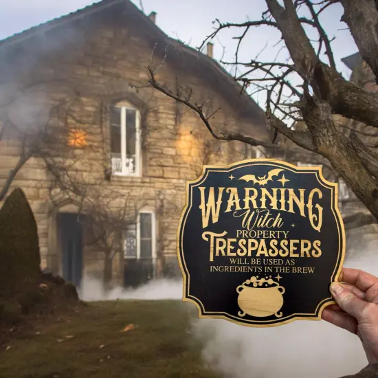 Sign - BLACK - Warning Witch Property Halloween sign 9x9 {2}