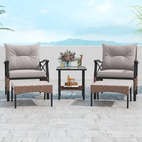 Costway 5 PCS Patio Furniture Set with 2-Tier Coffee Table & 2 Ottomans Cushions Included {5}