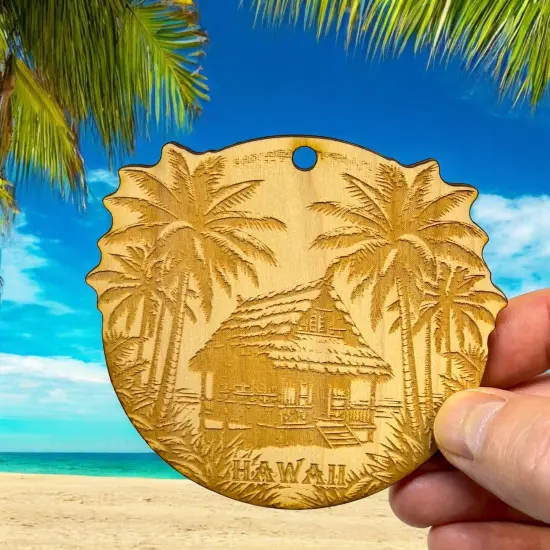 Ornament - Hawaii with Tiki Hut Raw Wood {6}