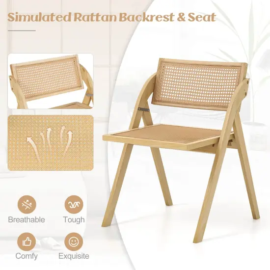 Costway Foldable Dining Chairs Set of 2/4 with Woven Rattan Backrest & Seat Rubber Wood Frame Natural {4}