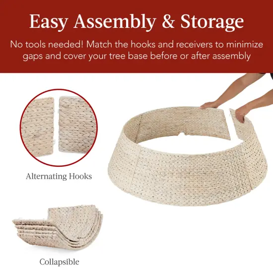 Best Choice Products 42in Woven Hyacinth Christmas Tree Collar, Tree Skirt Accessory w/ Cord Cut-Out Washed White {5}