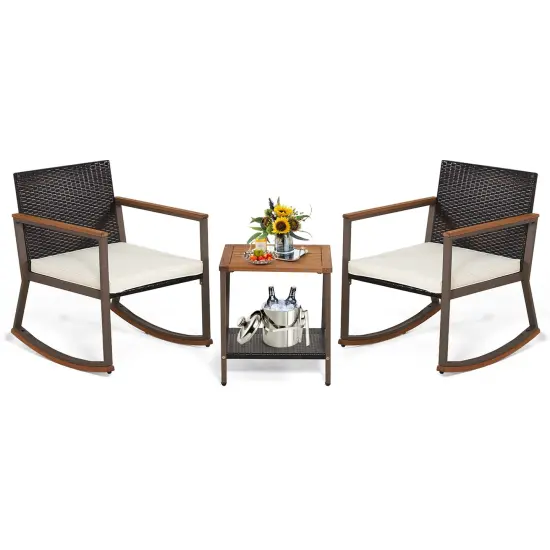 Costway 3 PCS Patio Rattan Rocking Chair Bistro Set Armrest Cushion Table with Storage Shelf Navy/Grey/Off White {9}