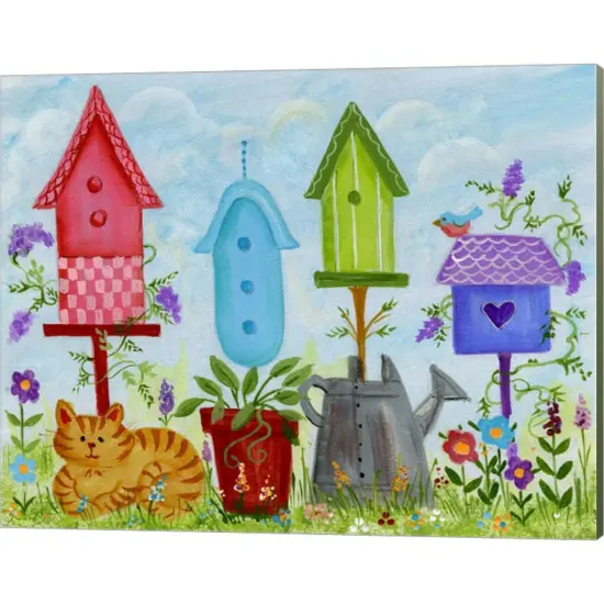 Bird Houses In Garden by Beverly Johnston 20" x 16" Canvas Wall Art {1}