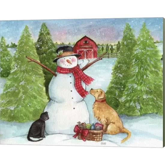 Snowman Dog And Cat Farm Horizontal by Melinda Hipsher 20" x 16" Canvas Wall Art {1}
