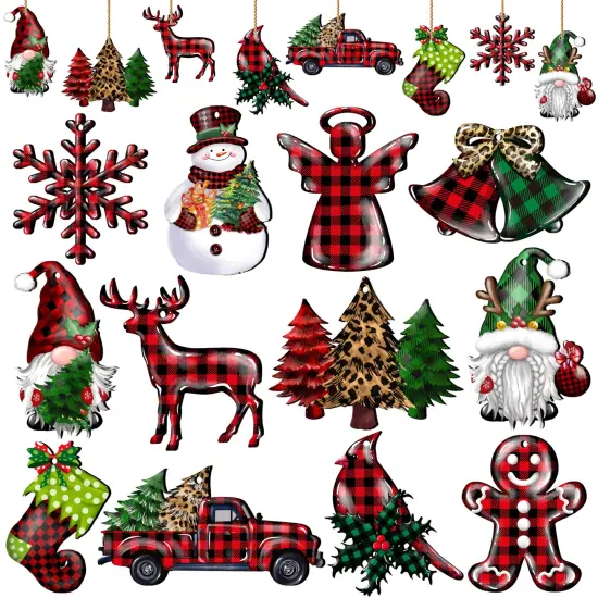 JOPHMO 24 Pieces Christmas Wood Ornaments Snowflake Gnome Snowman Truck Wooden Hanging Ornaments Christmas Tree Cutouts Wood Crafts Holiday Decor Xmas Party Supplies (Xmas-Mixed-A) {1}