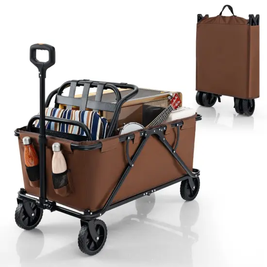 Metal Folding Utility Wagon Cart with Adjustable Handle and Wheels Coffee {4}