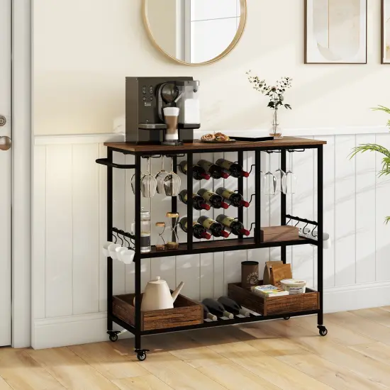 3 Tiers Bar Cart on Wheels with Glass Racks Rustic Brown {2}