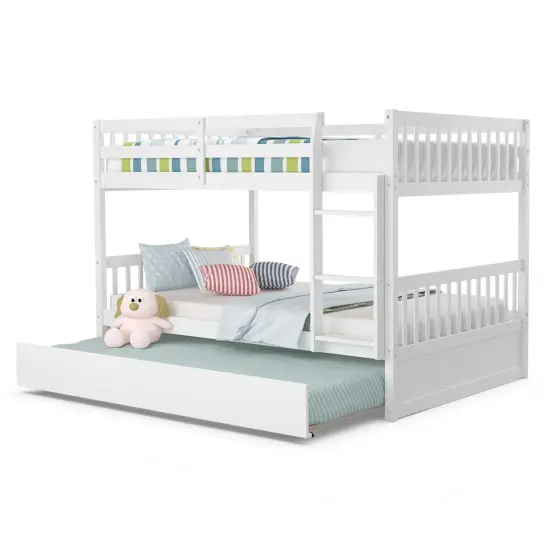 Wooden Full over Full Bunk Platform Wood Bed with Ladder and Trundle Perfect for Dorms Room White {4}