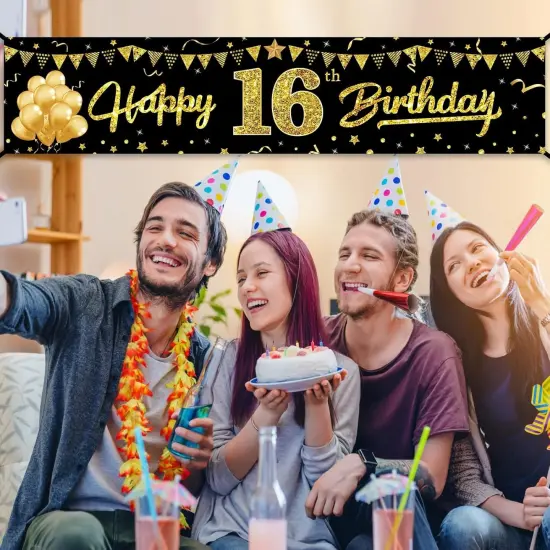 Happy 16th Birthday Banner Decorations for Boys, Black Gold 16 Birthday Signs Party Supplies, Sweet Sixteen Birthday Party Decor for Outdoor Indoor {4}