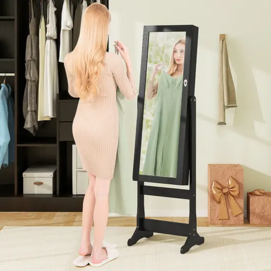 Lockable Freestanding Jewelry Cabinet Armoire with Full-Length Mirror and Lights Black {3}