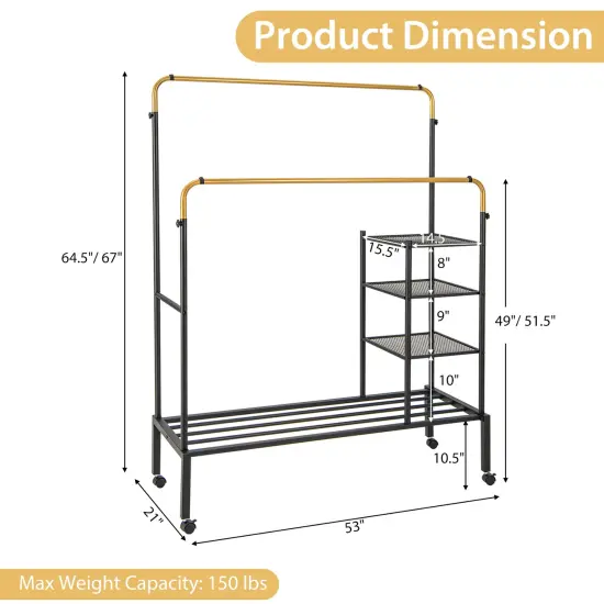 Adjustable Double Rod Clothes Drying Rack with 3-Tier Mesh Shelf Heavy Duty Steel Frame Golden {5}