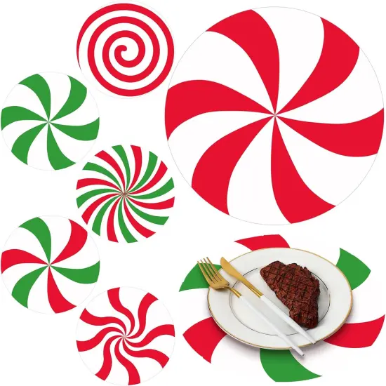 60 Pcs Disposable Christmas Candy Placemats 12 Inch Christmas Red Green Sweets Paper Round Placemats Table Mats Candy Canes for Xmas Party Home Decorations Kitchen Dining Table {1}