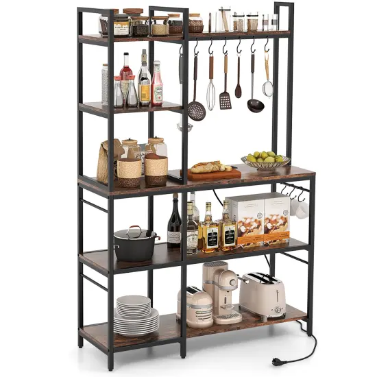 Metal and Wood Kitchen Backers Rack with Charging Ports, 5 Tiers and Anti-Tip Safety Rustic Brown {4}