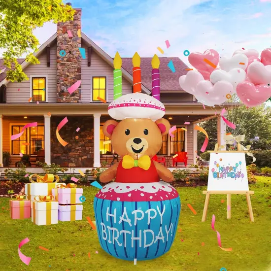 4FT Birthday Cake Birthday Party Outdoor Inflatable Decoration, Outdoor Yard Sign with LED Lights, Birthday Inflatable Decoration for Garden, Yard, Lawn {1}