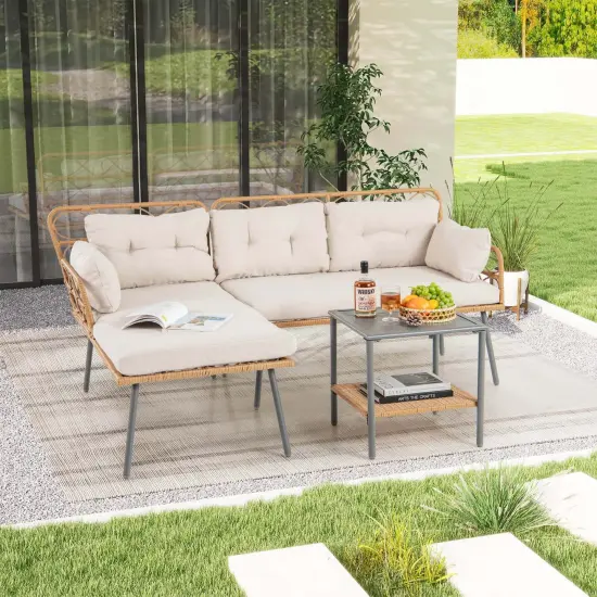 Costway 3 PCS Corner Patio Furniture Cushioned Sofa Set with Small Coffee Table Outdoor {1}