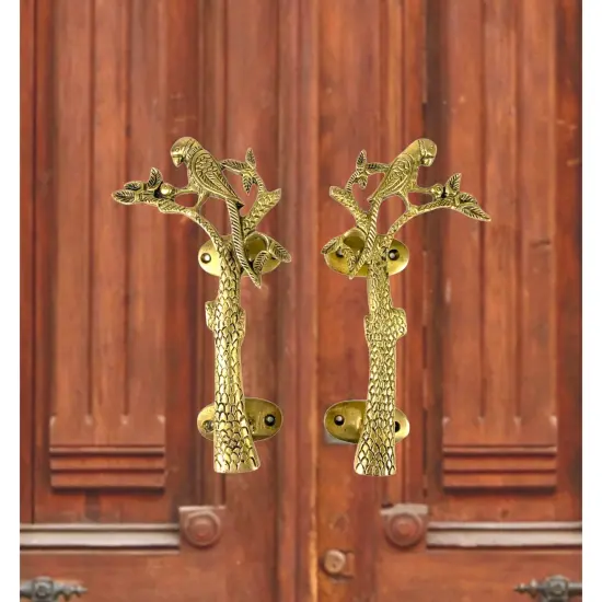 Parrot on the Tree Door Pull Handles Unique Brass 8 Inches Pair of 2 Pull Knobs Antique Design Handles for Drawer, Shelf, Cabinet, Wardrobe, Almirah Housewarming Gift {3}