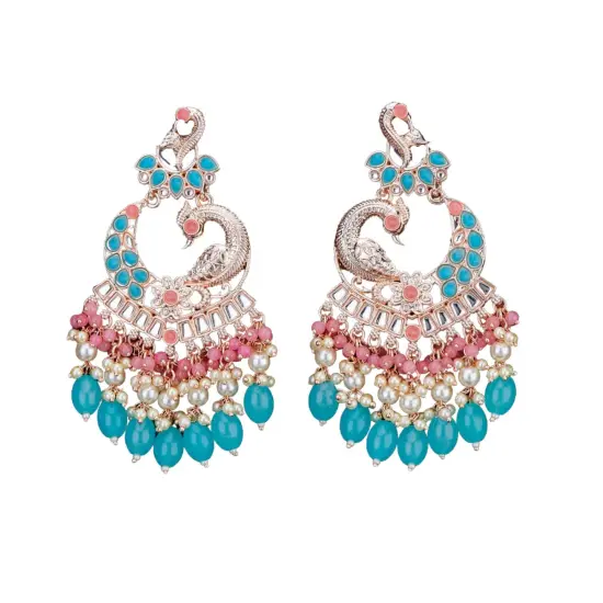 Oversized / Big Indian Jhumka Earrings for Women - Indian Peacock Earrings Ethnic Chandbali Jhumki Kundan & Faux Pearl Beaded Bollywood Style Dangle Earring MINT {3}