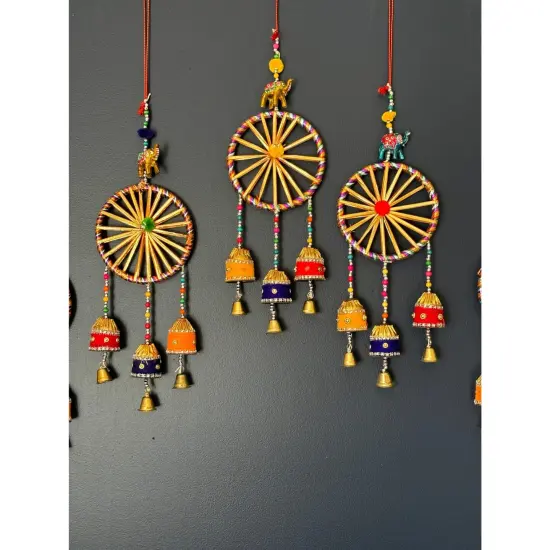 Rajasthani Ring Elephant Wall Door Hangings with Bells Traditional Handicraft Hanging Decorative Latkan for Home Office Decor Diwali Decoration Wall Art Housewarming Gifts {2}