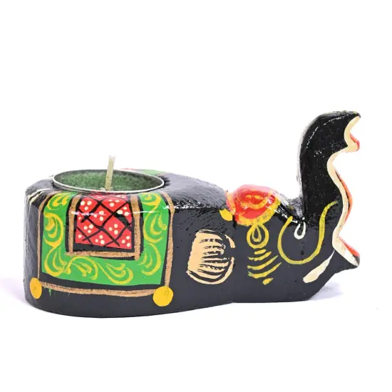 Wooden Elephant Tealight Candle Holder Handpainted Sitting Elephant T-light Table Top Decorative Showpiece Home Living Room Office Decor Indian Festival Housewarming Diwali Return Gifts {2}