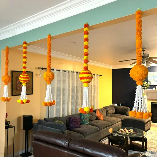 Marigold Garland Hanging Jhoomer Marigold Wall Hanging Indian Wedding Party Diwali Navratri Puja Decorations Day of the Dead Dia De Los Muertos Ofrenda Mexican Fiesta Halloween Decor Mango {2}