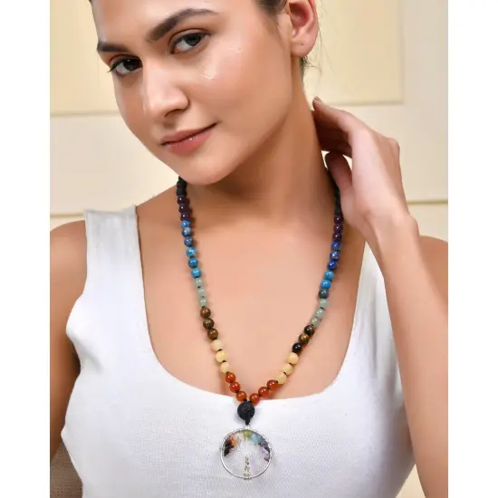 108 Mala Beads Necklace 7 Chakra Tree of Life Lava Rock Stone Natural Healing Crystal Gemstones Yoga Meditation Japa Mala Beaded Life Tree Pendant Hand Knotted Prayer Beads Rosary Jewelry {3}