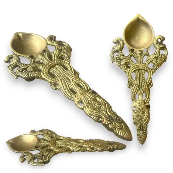 Brass Pooja Aarti Spoon 1 Pc Diya Twin Peacock Design Round Hawan Spoon for Pouring Ghee in Hawan Kund Diwali Gift Ethnic Indian Aarti Spoon Wedding Return Gifts Home Temple Decor {3}