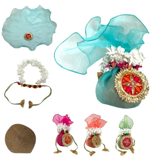 Decorative Dried Coconut Cover Traditional Nariyal Fabric Cloth with Golden Ribbon for Ganesh Pooja, Wedding, Gruh Pravesh Temple Pooja Decor Housewarming Gift Pink {6}