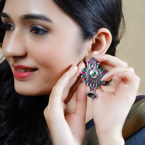 Indian Oxidized Jhumka Earrings for Women - Indian Oxidized Bell Tassel Jhumki Ethnic Floral Chandbali Earrings Faux Pearls Bollywood Style Dangle Earring Jewelry for Bride Gift for Her Ruby Green {2}